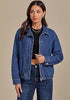 Classic Blue Women's Funnel Neck Denim Jacket — Oversized Zip Up Jean Jacket with Drop Shoulder, Elastic Hem & Side Slant Pockets