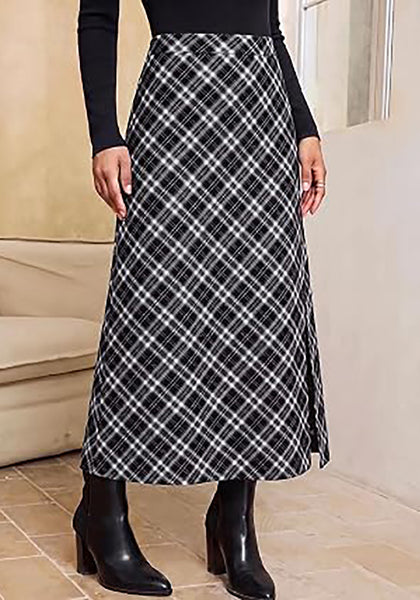 Black % white Women's Trendy Plaid Maxi Skirt — High Waisted A Line Long Skirt with Side Slit, Vintage Pattern & Back Elastic Waist