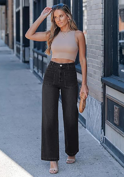 GRAPENT Women's High Waisted Wide Leg Jeans | Soft Stretch Denim, Patch Pocket, 29.5" Inseam, Full Length, Casual Work Outfits