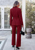 Wine Red Women's 2 Piece Blazer Pants Suit, Business Casual Long Sleeve Belted Double Breasted Blazer & Elastic High Waisted Flared Pants Set, Dressy Office Work Outfits