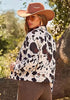Multi Cow Print Women's Cow Print Faux Suede Shacket — Cropped Button Down Jacket with Pockets & Full Lining