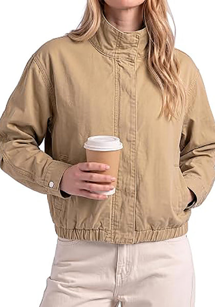Khaki  Women's Funnel Neck Denim Jacket — Oversized Zip Up Jean Jacket with Drop Shoulder, Elastic Hem & Side Slant Pockets