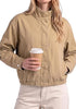 Khaki  Women's Funnel Neck Denim Jacket — Oversized Zip Up Jean Jacket with Drop Shoulder, Elastic Hem & Side Slant Pockets