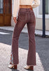 Coffee Brown Women's Floral Embroidery Flare Jeans — High Waisted Stretchy Bootcut Denim with Raw Frayed Hem & Retro Distressed Wash