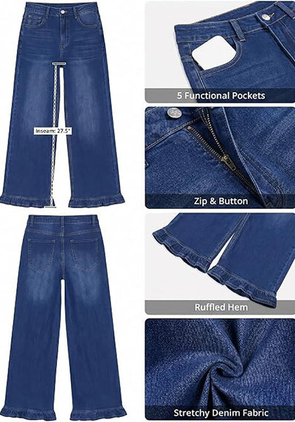 GRAPENT Women's High Waisted Ruffle Hem Wide Leg Jeans | Stretch Denim, 27.5" Inseam, Ankle Cropped, Baggy Fit, Weekend Casual