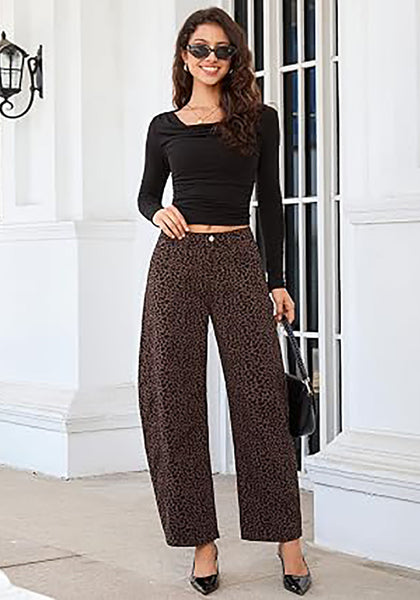Mini Brown Leopard Women's Trendy Leopard Barrel Jeans — High Waisted Baggy Wide Leg Stretchy Denim Pants with Front Seam & Ankle Length