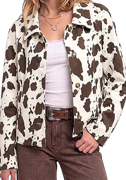 Dark Brown Cow Print Women's Cow Print Faux Suede Shacket — Cropped Button Down Jacket with Pockets & Full Lining