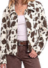 Dark Brown Cow Print Women's Cow Print Faux Suede Shacket — Cropped Button Down Jacket with Pockets & Full Lining