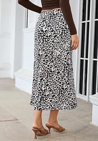 Black & White Leopard Women's Leopard Print Satin Maxi Skirt — High Waisted Bias Cut A Line Slip Skirt with Stretchy Elastic Waistband
