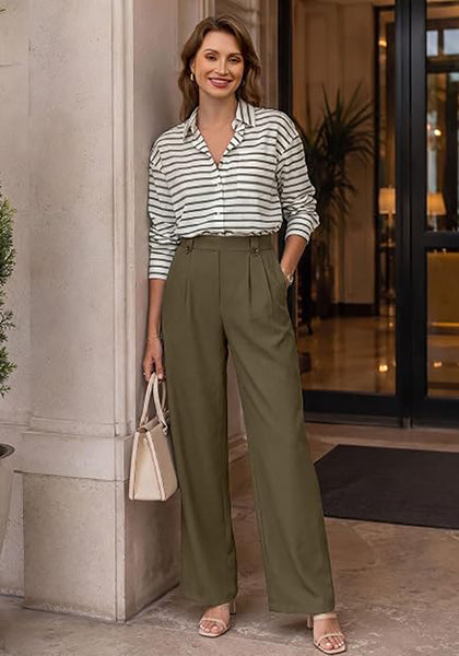 GRAPENT Women's Wide Leg Dress Pants | Pull On Closure, High Waisted, Elastic Back Waist, Front Pleated, Business Casual Office Wear