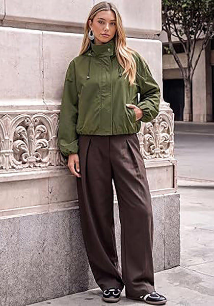 Army Green Women's Trendy Funnel Neck Bomber Jacket — Oversized Cropped Zip Up Hooded Jacket with Stand Collar & Elastic Cuff Hem
