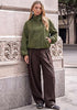 Army Green Women's Trendy Funnel Neck Bomber Jacket — Oversized Cropped Zip Up Hooded Jacket with Stand Collar & Elastic Cuff Hem
