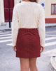 Wine Red Women's Corduroy Short Skirt, Trendy Button Fly Stretchy Fall Skirts with Elastic Back Waist and Functional Pockets, Soft Dressy Casual Fall Outfits