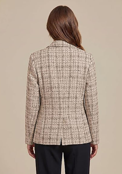 GRAPENT Women's Tweed Plaid Blazer | Notched Lapel, Fully Lined, Shoulder Pads, Single Button, 2 Pockets, Interview Office Business Casual