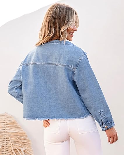 Daylight Blue Women's Denim Collared Jacket With Flap Pocket Button UP Raw Hem Detail Long Sleeve Jean Jackets