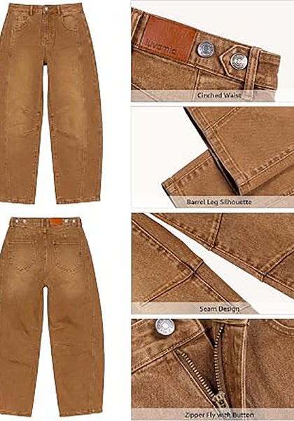 Golden Brown Women's High Waisted Wide Leg Jeans by luvamia — Stretchy 90s Baggy Straight Denim, Raw Hem, Button Front, 29.5" Inseam, Casual Western Work Pants