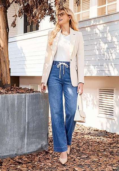 GRAPENT Women's High Rise Straight Wide Leg Jeans | Stretchy Denim, Elastic Waist, 29.5" Inseam, Work & Casual Daily Wear