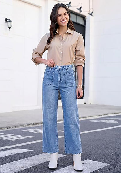 GRAPENT Women's High Waisted Scalloped Ankle Jeans | Stretchy Denim, Straight Wide Leg, 27.5" Inseam, Patched Pockets, Work Office Dressy Casual