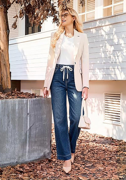 GRAPENT Women's High Rise Straight Wide Leg Jeans | Stretchy Denim, Elastic Waist, 29.5" Inseam, Work & Casual Daily Wear