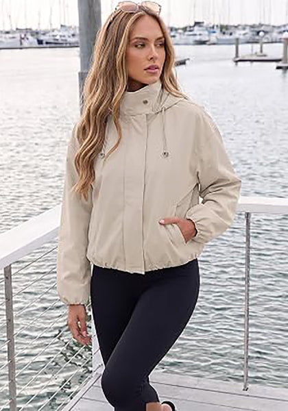 Light Gray Women's Trendy Funnel Neck Bomber Jacket — Oversized Cropped Zip Up Hooded Jacket with Stand Collar & Elastic Cuff Hem