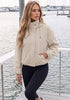 Light Gray Women's Trendy Funnel Neck Bomber Jacket — Oversized Cropped Zip Up Hooded Jacket with Stand Collar & Elastic Cuff Hem