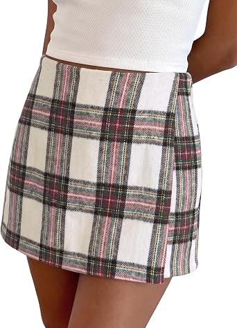 Multi White Women's Plaid Skort High Waist Faux Wrap Mini Skirt with Side Zipper, Elastic Back & Built-in Shorts