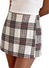Multi White Women's Plaid Skort High Waist Faux Wrap Mini Skirt with Side Zipper, Elastic Back & Built-in Shorts