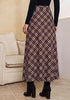 Wine Red & Khaki Women's Trendy Plaid Maxi Skirt — High Waisted A Line Long Skirt with Side Slit, Vintage Pattern & Back Elastic Waist