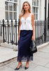 Dark Blue Women's Satin Maxi Skirt — Silky Bias Cut Long Slip Skirt with Easy Pull On Elastic Waistband & Lace Trim Hem