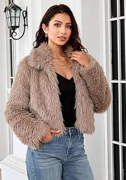 khaki Women's Solid Color Shaggy Faux Fur Jacket — Cropped Long Pile Coat with Lapel Collar, Hook Closure & Drop Shoulder
