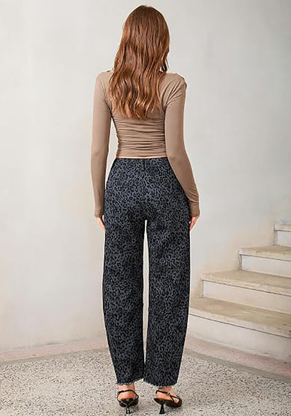 GRAPENT Women's High Rise Leopard Barrel Jeans | Leopard Print Denim, Adjustable Cinched Waist, Frayed Hem, 28" Inseam, Country Concert Casual Work Wear