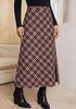 Wine Red & Khaki Women's Trendy Plaid Maxi Skirt — High Waisted A Line Long Skirt with Side Slit, Vintage Pattern & Back Elastic Waist