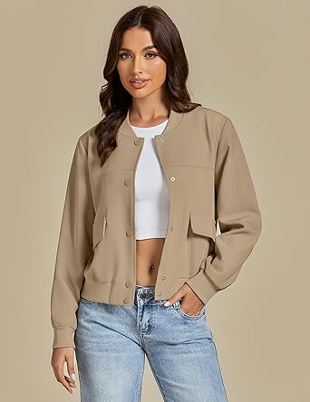 Khaki Women's Casual Fully Buttoned Jackets Baseball Collar Front Pocket Moderate Fit Slight Stretch.