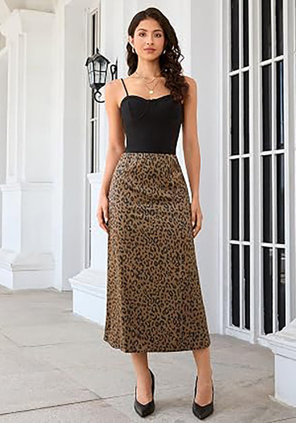 Dark Brown Cheetah Women's Leopard Print Satin Maxi Skirt — High Waisted Bias Cut A Line Slip Skirt with Stretchy Elastic Waistband