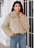 Apricot  Women's Solid Color Shaggy Faux Fur Jacket — Cropped Long Pile Coat with Lapel Collar, Hook Closure & Drop Shoulder