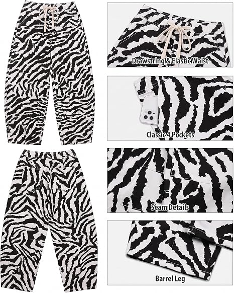 GRAPENT Women's High Waisted Zebra Print Barrel Jeans | Stretchy Denim, Drawstring Elastic Waist, Pull On, 27" Inseam, Cropped Loose Fit, Weekend Casual