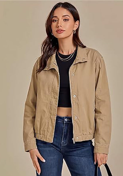Khaki  Women's Funnel Neck Denim Jacket — Oversized Zip Up Jean Jacket with Drop Shoulder, Elastic Hem & Side Slant Pockets