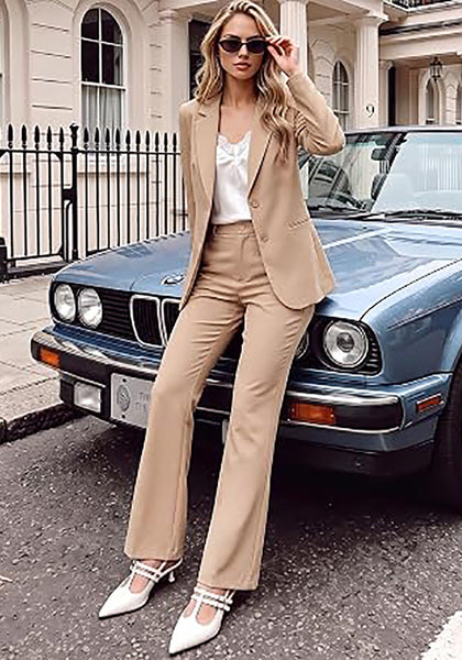 Beige Women's 2 Piece Pant Suits, Business Casual Buttoned Blazer and High Waisted Bootcut Pants Set, 29" Inseam Professional Office Fall Teacher Outfits