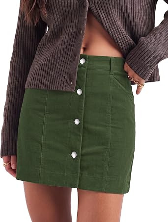 Dark Green Women's Corduroy Short Skirt, Trendy Button Fly Stretchy Fall Skirts with Elastic Back Waist and Functional Pockets, Soft Dressy Casual Fall Outfits