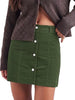Dark Green Women's Corduroy Short Skirt, Trendy Button Fly Stretchy Fall Skirts with Elastic Back Waist and Functional Pockets, Soft Dressy Casual Fall Outfits