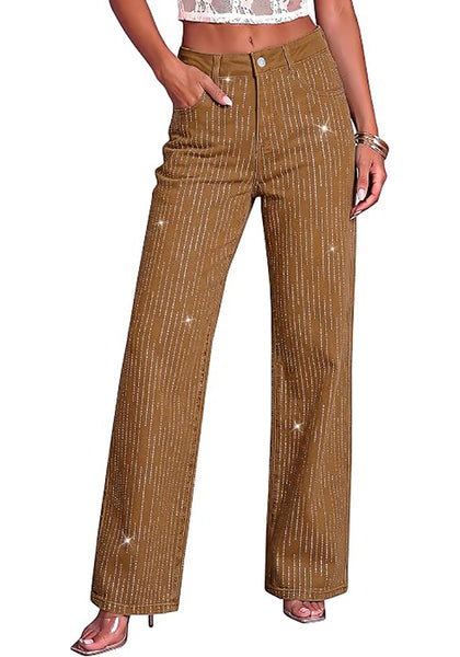 Brown  Women's Rhinestone Wide Leg Jeans, High Waisted Stretch Glitter Sparkly Embellished Denim Pants, 29.5" Inseam Trendy Party Night Out Outfits