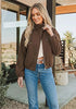 Chocolate Brown Women's Trendy Funnel Neck Bomber Jacket — Oversized Cropped Zip Up Hooded Jacket with Stand Collar & Elastic Cuff Hem