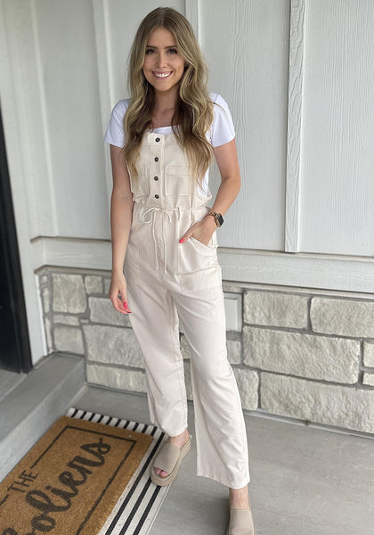 Pearled Ivory Women's Button Down Pocket Straight Leg Vintage Casual Overalls