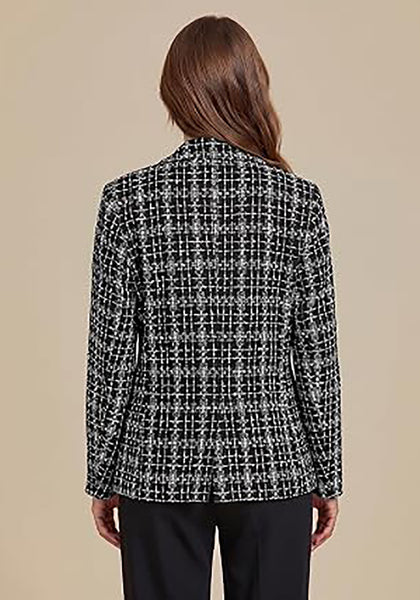 Black &White Women's Plaid Tweed Work Blazer | Long Sleeve Notched Lapel Jacket, Fully Lined, Shoulder Pads, Single Button, 2 Pockets – Office, Interview, Business Casual