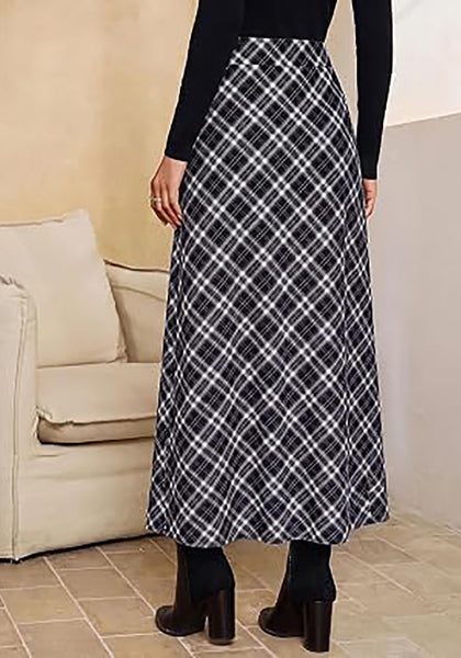 Black % white Women's Trendy Plaid Maxi Skirt — High Waisted A Line Long Skirt with Side Slit, Vintage Pattern & Back Elastic Waist