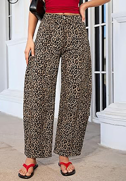Khaki Brown Leopard  Women's Trendy Leopard Barrel Jeans — High Waisted Baggy Wide Leg Stretchy Denim Pants with Front Seam & Ankle Length