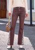 Coffee Brown Women's Floral Embroidery Flare Jeans — High Waisted Stretchy Bootcut Denim with Raw Frayed Hem & Retro Distressed Wash