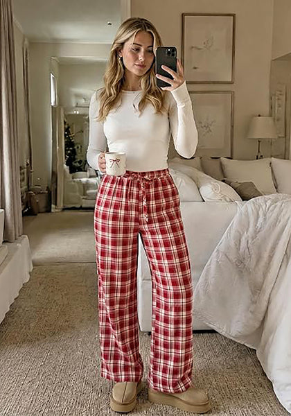 GRAPENT Women's High Waisted Wide Leg Plaid Pants | Tartan Pattern, Elastic Waist Drawstring, Pockets, Relaxed Fit, Casual Daily Fall Outfits