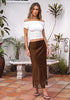 Brown Women's Satin Maxi Skirt — Silky Bias Cut Long Slip Skirt with Easy Pull On Elastic Waistband & Lace Trim Hem