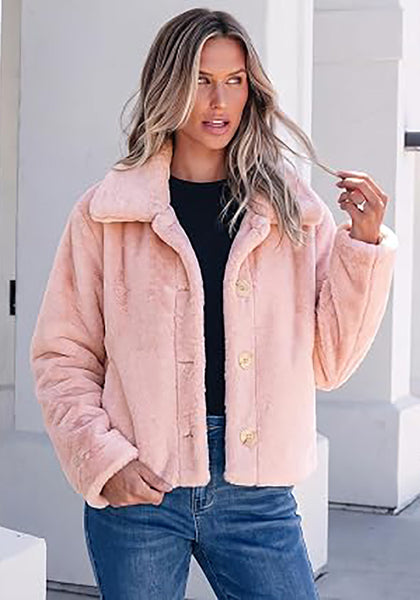 Pink Women's Cropped Fluffy Faux Fur Coat — Oversized Lapel Jacket with Button Down Closure & Warm Lining